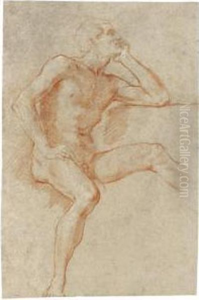 Recto: Study Of A Male Nude, 
Seated, Resting His Chin On His Left Hand; Verso: A Male Nude In Profile
 Climbing A Staircase, A Separate Study Of His Hand Holding A Stick Oil Painting by Baldassarre Franceschini