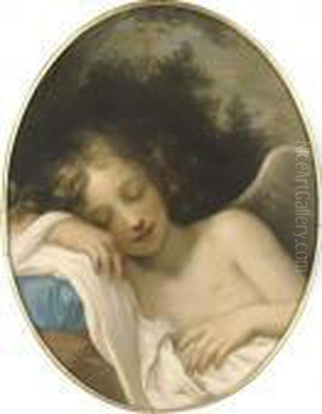 Sleeping Cupid, In A Feigned Oval Oil Painting by Baldassarre Franceschini