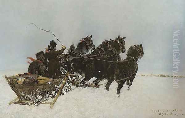 Foursome in Snow Drifts Oil Painting by Jozef Chelmonski