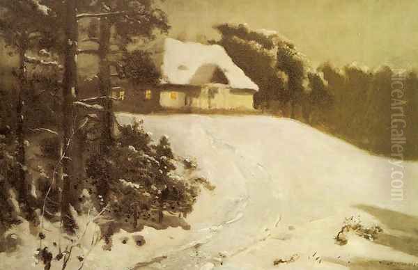 Winter. Manor at Dusk Oil Painting by Jozef Chelmonski