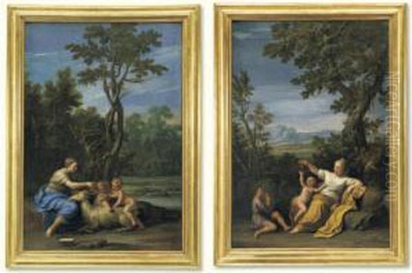 Pastoral Scene With A Maiden 
Offering Cherries To A Child; Pastoral Scene With A Young Mother, 
Frolicking Children And A Goat Oil Painting by Marcantonio Franceschini