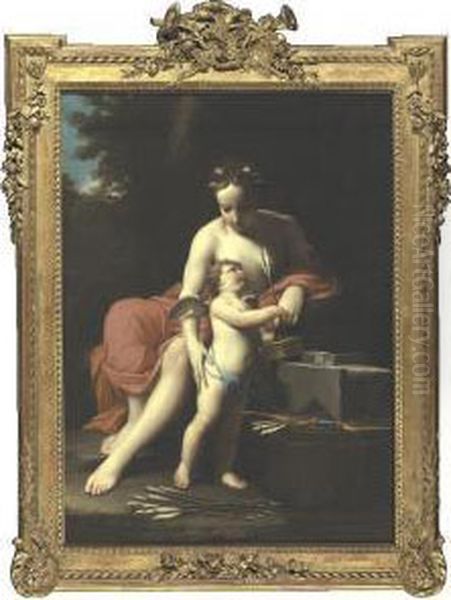 Venus With Cupid Dipping His Arrows Oil Painting by Marcantonio Franceschini