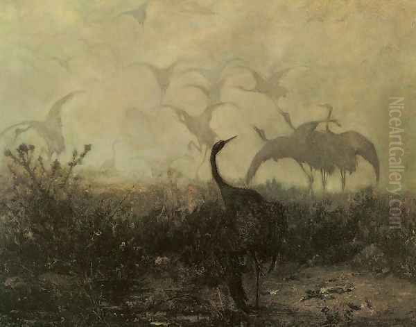 Cranes Oil Painting by Jozef Chelmonski