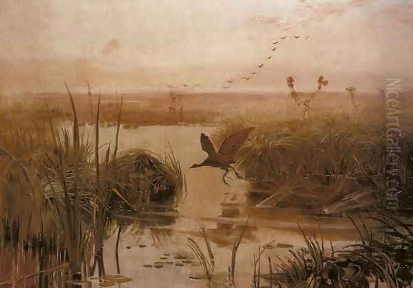 Moorhen Oil Painting by Jozef Chelmonski