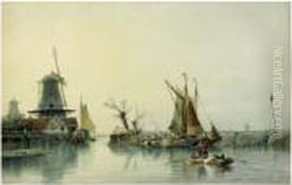 Scene De Peche Sur Le Canal Oil Painting by Count Alexandre Thomas Francia