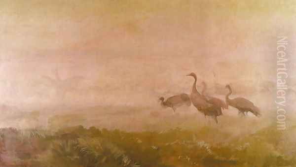 Cranes at Dawn Oil Painting by Jozef Chelmonski