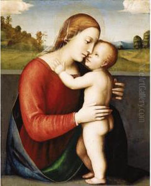 The Madonna Embracing The Christ Child On A Parapet, A Landscape Beyond Oil Painting by Francesco Francia