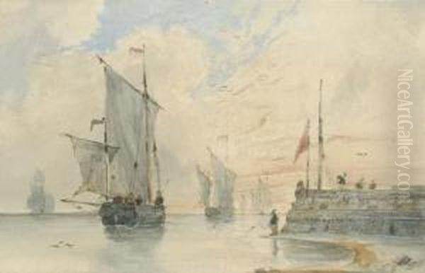 Chasse-maree (fishing Luggers) Making Sail, Off Calais Oil Painting by Francois Louis Thomas Francia