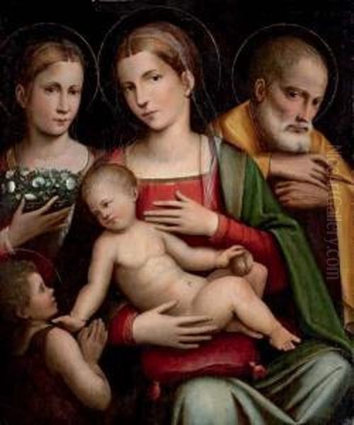 The Holy Family With The Infant Saint John The Baptist And Saint Elizabeth Oil Painting by Giacomo Raibolini