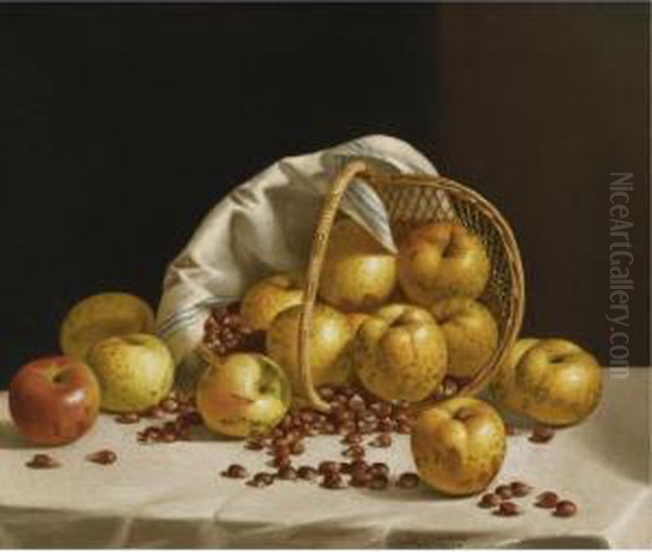 Still Life: Yellow Apples And Chestnuts Spilling From Abasket Oil Painting by John Francis