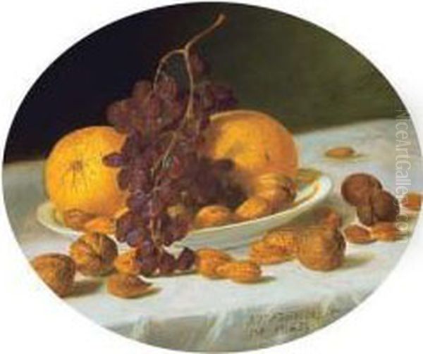 Still Life With Grapes, Oranges And Nuts - Still Life With Desserts And Wine Oil Painting by John Francis