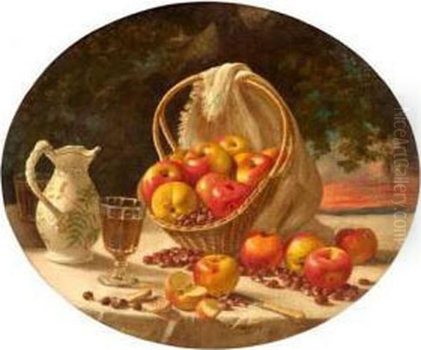 Still Life Of Apples And Nuts In A Basket, A Sunset In The Distance Oil Painting by John Francis