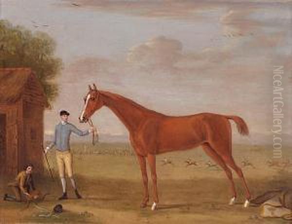 A Chestnut Racehorse With Jockey And Groom, A Steeple Chase Being Run In The Background Oil Painting by Francis Sartorius