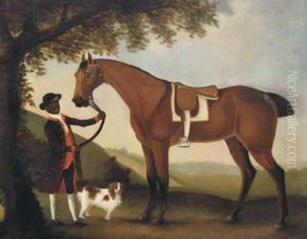 A Saddled Hunter Held By A Groom With A Terrier Oil Painting by Francis Sartorius