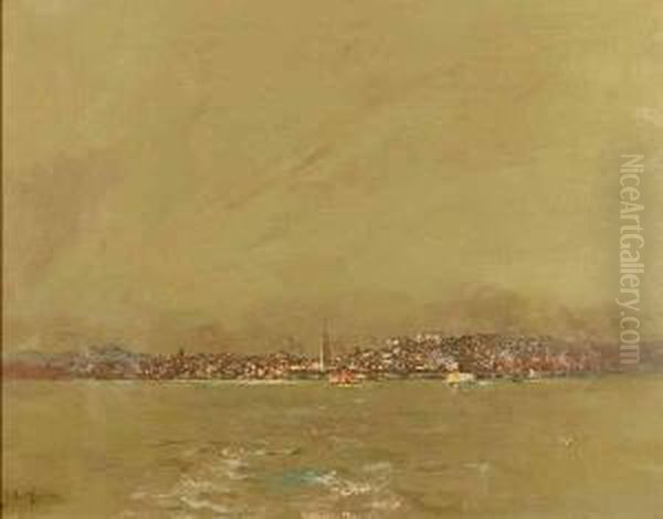 View Of San Francisco Harbor Circa 1918 S L/l: J. Bond Francisco O/c Laid/d On/c 22x26 Oil Painting by John Bond Francisco