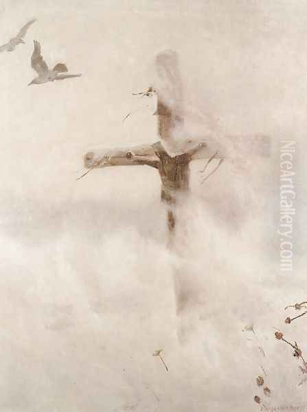 Cross in Blizzard Oil Painting by Jozef Chelmonski