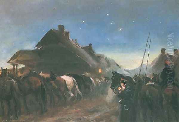 Insurgents at Night's Rest Oil Painting by Jozef Chelmonski