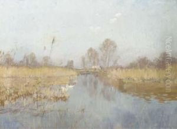 April Morgen: Swans On A Lake Oil Painting by Philipp Franck