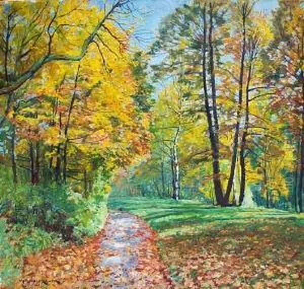 Herbstlandschaft - Schmaler Waldweg Zwischen Bunt Gefarbten Baumen Bei Sonnenschein Oil Painting by Philipp Franck