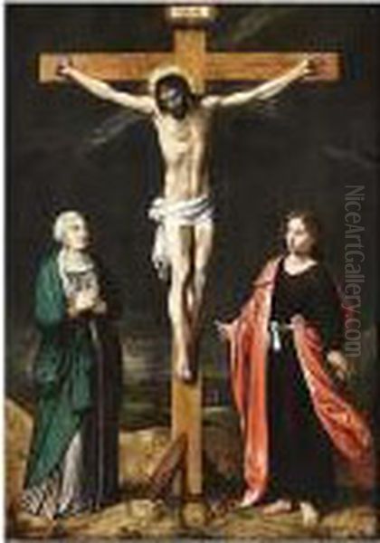 Christ On The Cross With The Virgin Mary And St. John The Baptist Oil Painting by Ambrosius Francken I