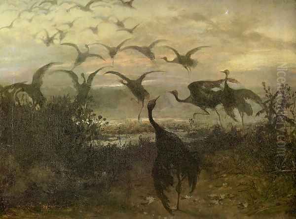 Flight of the Cranes Oil Painting by Jozef Chelmonski