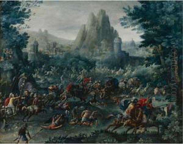 Cavalry Skirmish With A Mountainous Landscape Beyond Oil Painting by Frans I Francken