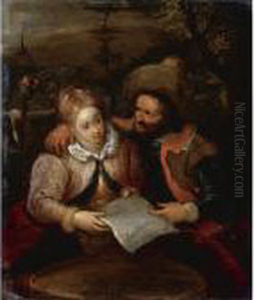 A Young Lady And A Cavalier Holding A Letter Oil Painting by Frans III Francken