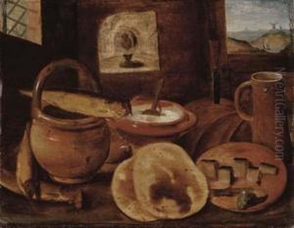 A Poor Man's Meal: A Loaf Of Bread, Porridge, Buns And A Herring Ona Wooden Table Oil Painting by Hieronymus II Francken