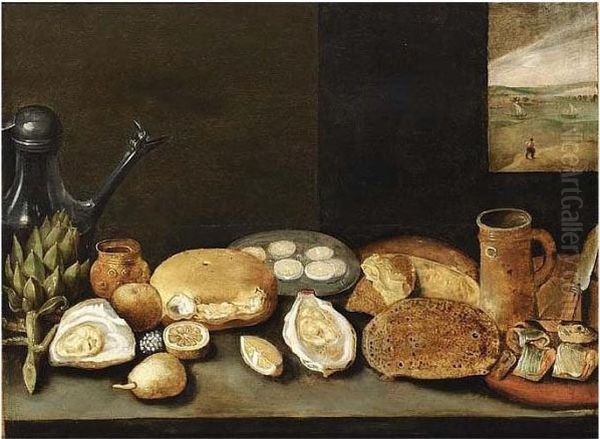 A Still Life With An Artichoke, 
 A Pewter Jug, Oysters, Lemons, A Herring On A Plate With Bread, All On
 A Wooden Ledge, A View Of A River Landscape Through A Window In The 
Background Oil Painting by Hieronymus II Francken