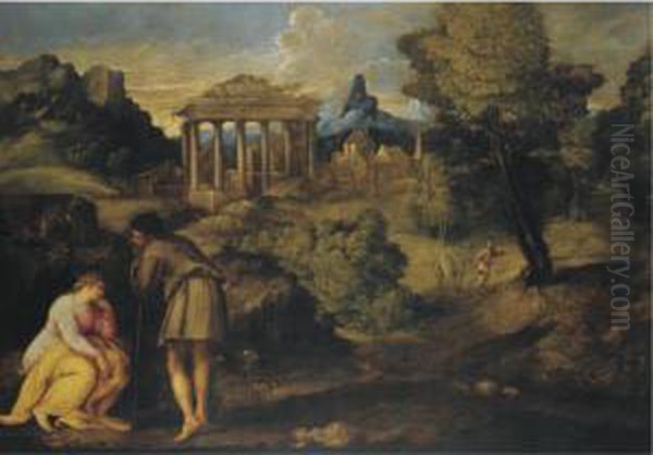 Landscape With Figures, Possibly The Journey To Bethlehem Oil Painting by Battista Franco