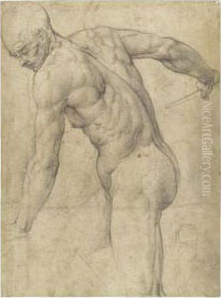 A Male Nude Holding A Dagger, 
With A Subsidiary Sketch Of A Woman And Child At The Right Corner Oil Painting by Battista Franco