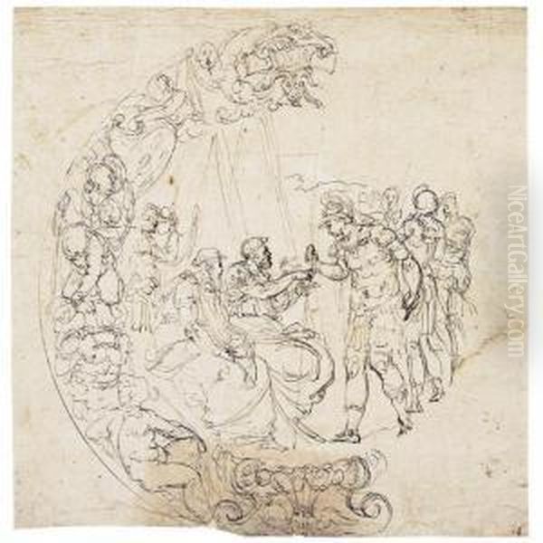 A Design For A Maiolica Dish: A Roman Soldier Approaching Seated Figures Oil Painting by Battista Franco