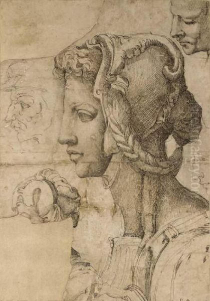 An Ideal Female Head In Profile To The Left, After Michelangelo, With Other Head Studies Oil Painting by Battista Franco