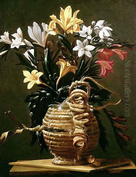 Still Life of Flowers in a straw-covered Flask Oil Painting by Guido Cagnacci