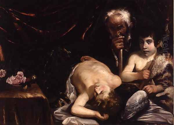 Sleeping Christ with St. John the Baptist and Zacharias, c.1630-40 Oil Painting by Guido Cagnacci