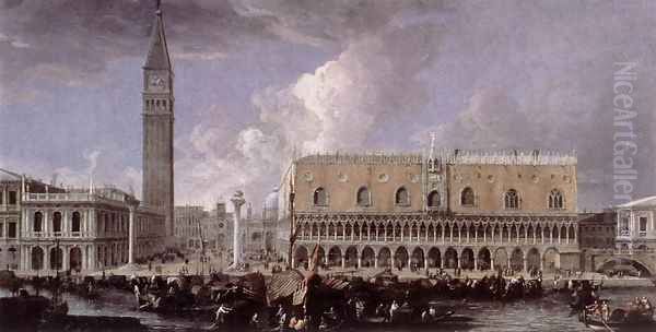 View of the Wharf from the Bacino di San Marco 1720s Oil Painting by Luca Carlevaris