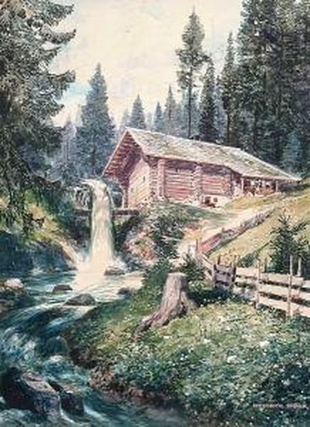 A Watermill In The Austrian Alps Oil Painting by Friedrich Frank