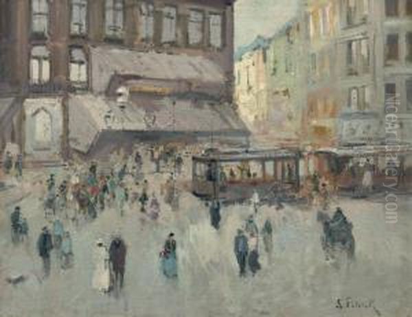 A Busy Town Square Oil Painting by Lucien Frank