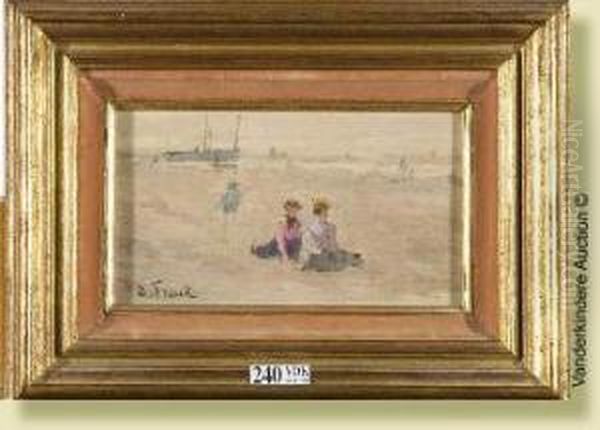 Deux Elegantes Sur La Plage Animee Oil Painting by Lucien Frank