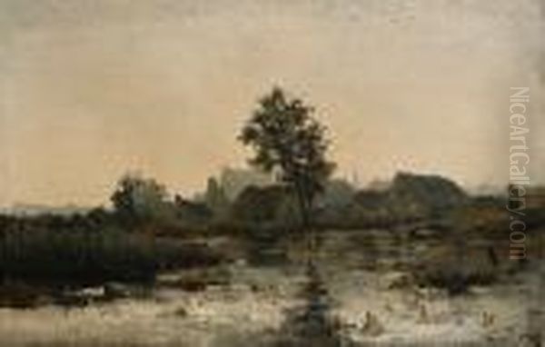 River Landscape With A Town Beyond Oil Painting by Lucien Frank