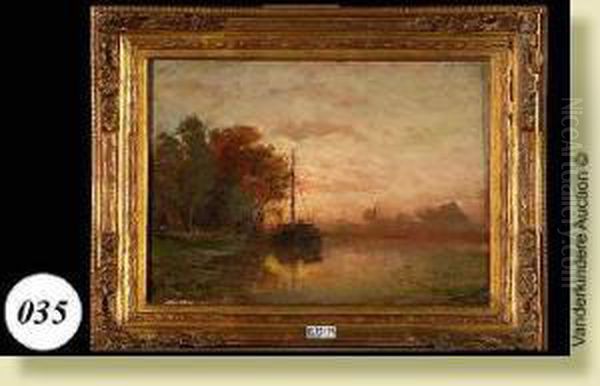 Bord De Canal Anime Au Coucher Du Soleil Oil Painting by Lucien Frank