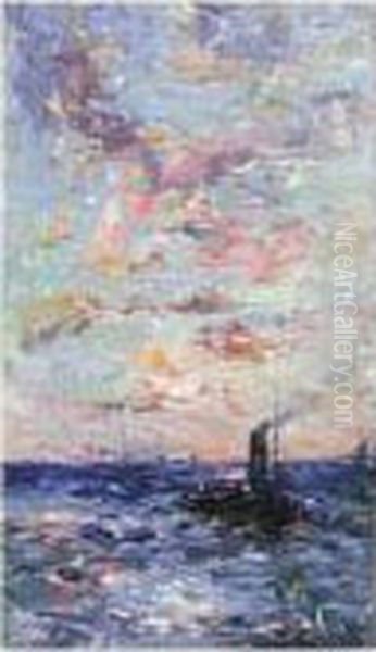 Sailing Vessels At Dusk Oil Painting by Lucien Frank