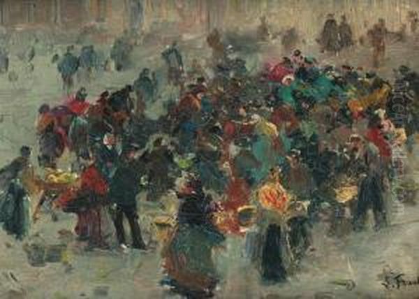 Figures On A Market Place Oil Painting by Lucien Frank