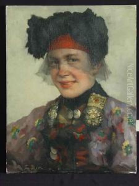 Portrait Einer Jungen Bauerin In Tracht Oil Painting by Robert Frank-Krauss