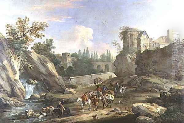 Travellers in the Campagna, 1710 Oil Painting by Luca Carlevaris