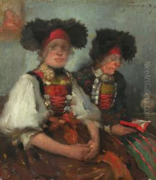 Zwei Frauen In Dachauer Tracht Oil Painting by Robert Frank-Krauss