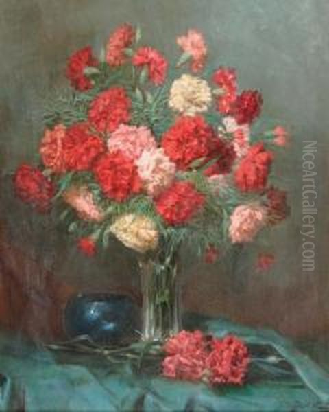 Carnations In A Vase Oil Painting by Robert Frank-Krauss