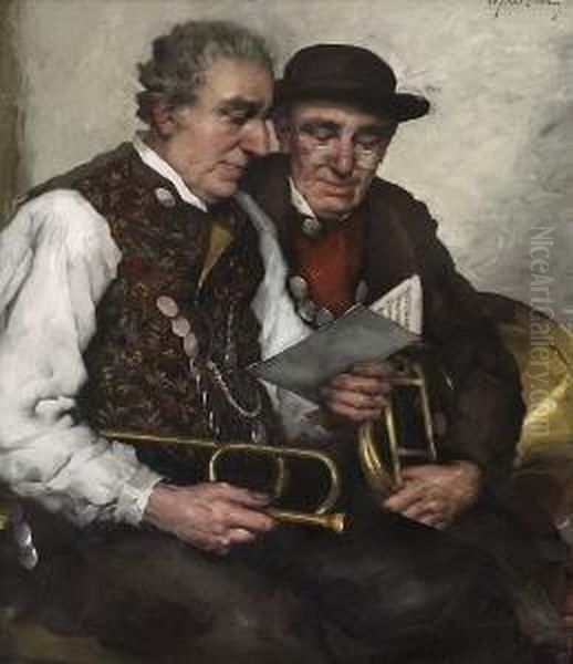 Zwei Dorfmusikanten Aus Dem
 Dachauer Land. Oil Painting by Robert Frank-Krauss