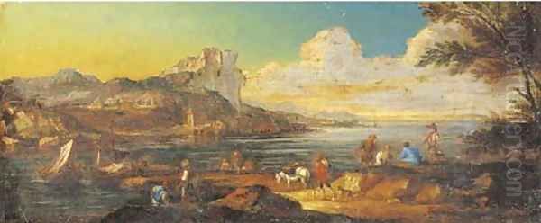 A coastal inlet with figures on the shore, a town beyond Oil Painting by Luca Carlevaris