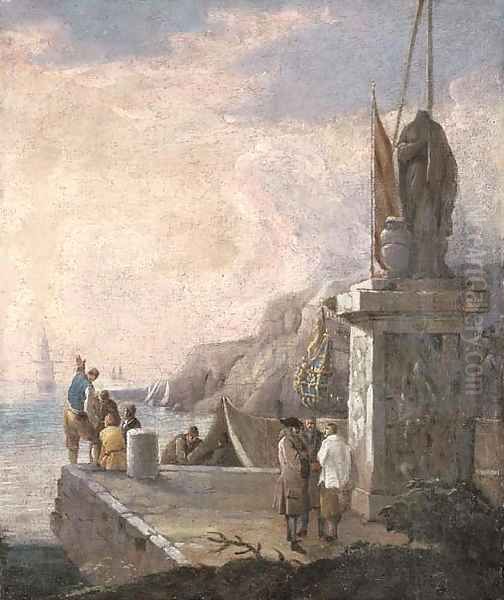 Figures on a quayside with shipping in calm waters Oil Painting by Luca Carlevaris